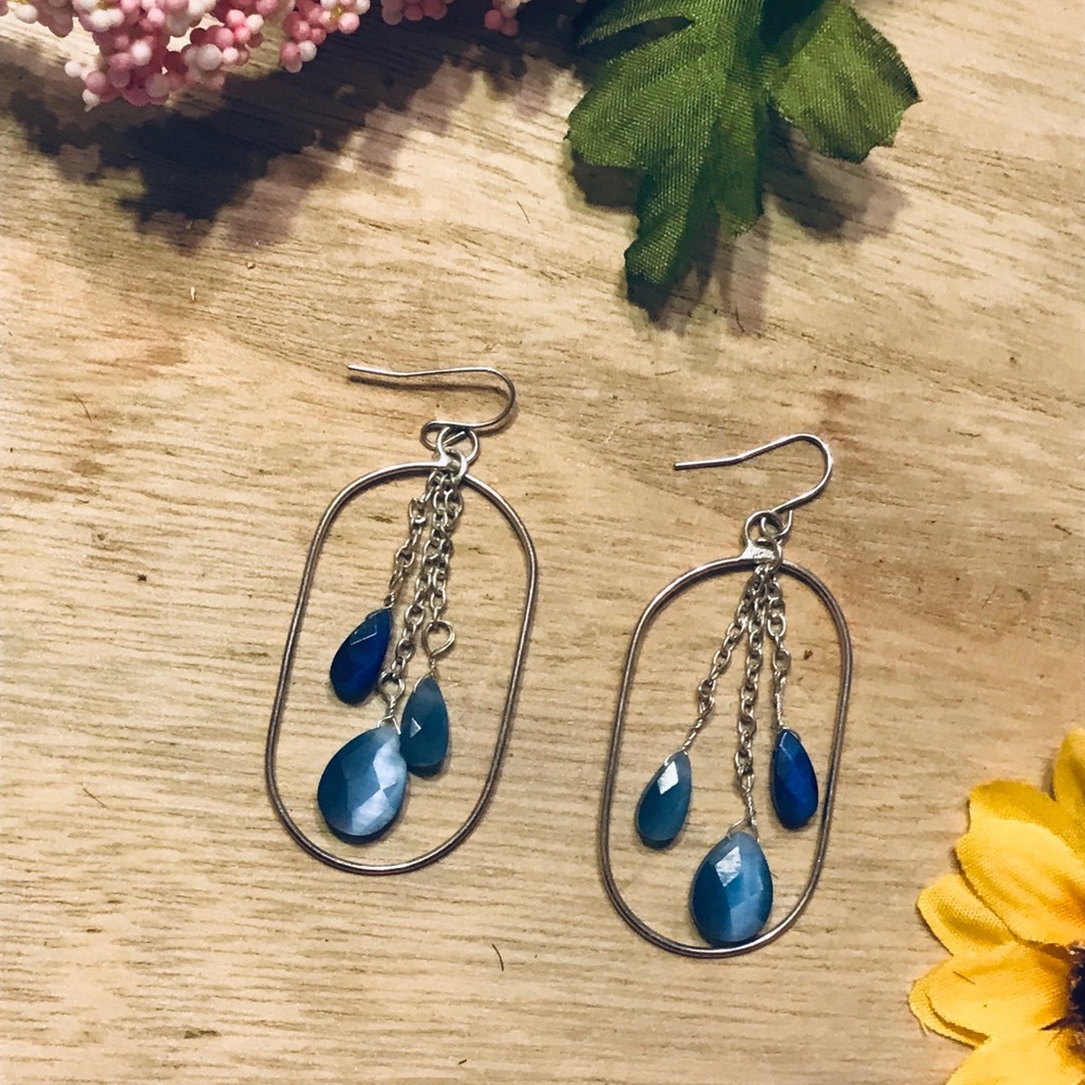Oval Blue Beaded Dangle Earrings